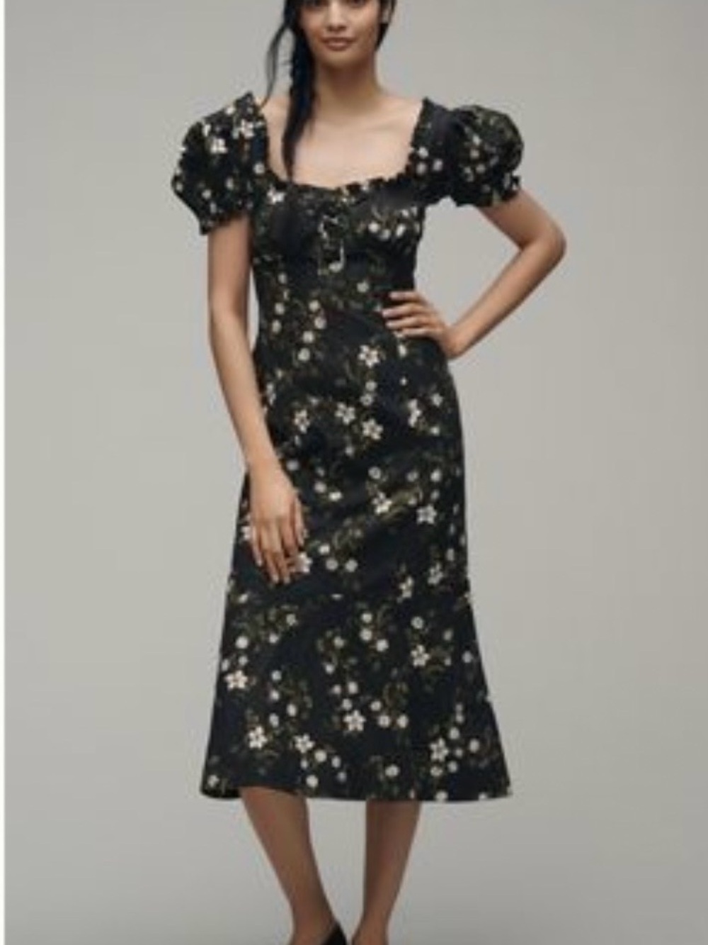 Anthropologie Black Floral Puff-Sleeve Midi Dress